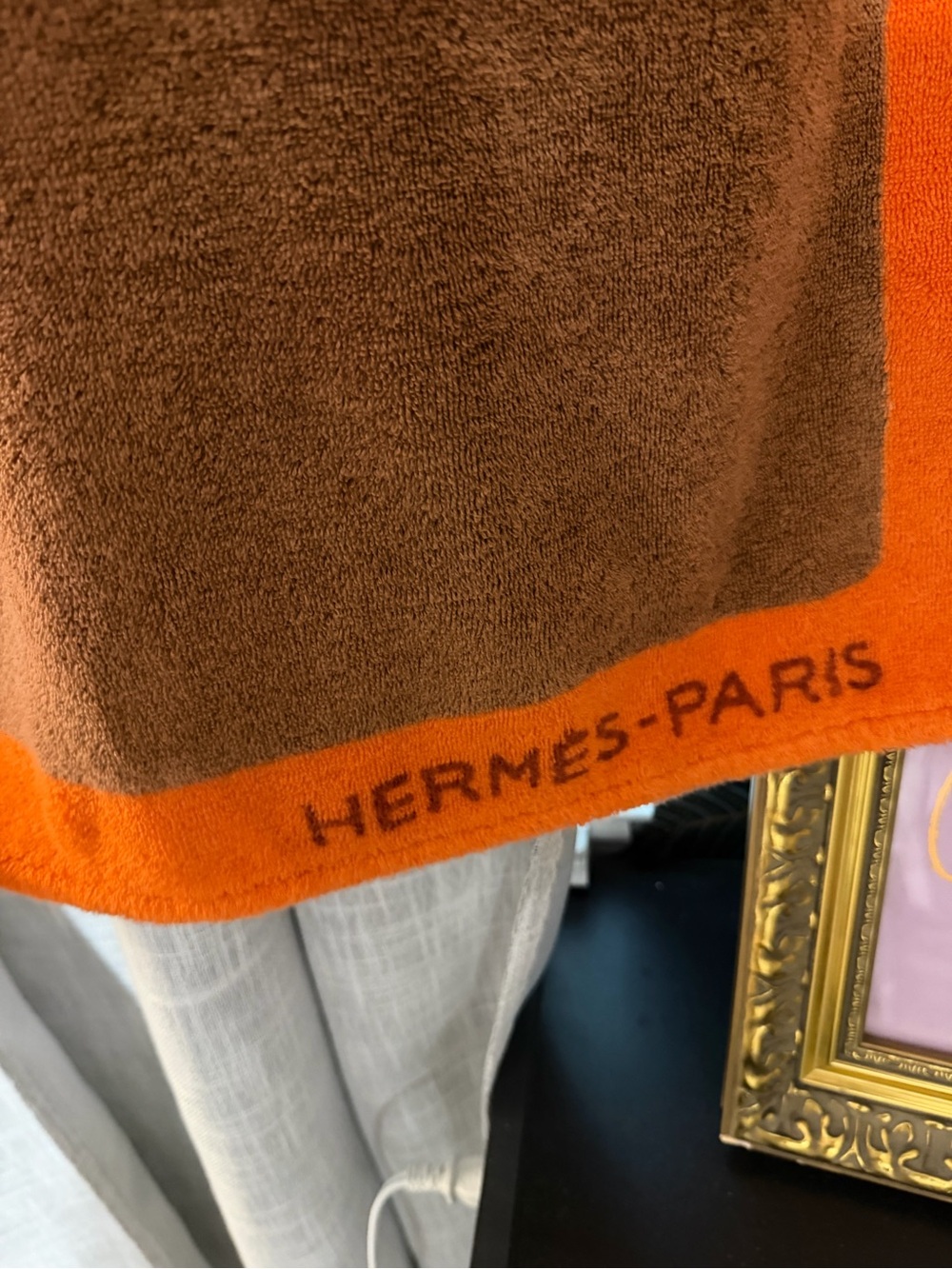 HERMES Beach Towel Bath Mat Towel H Logo Striped  57.5 X 35.5 Inches Used Auth - Picture 3 of 11